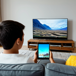 A dynamic split image depicting the evolution of media. On one side, a diverse family is gathered, watching a large, traditional television, representing scheduled viewing. On the other side, individual family members are engaged with their personal smart devices (tablet, smartphone, smart TV), displaying content tailored by AI algorithms, reflecting on-demand personalized viewing. The setting is a comfortable, modern living room. All individuals are fully clothed in appropriate, modest attire. professional photography, high quality, perfect anatomy, correct proportions, natural pose, well-formed hands, proper finger count, natural body proportions, safe for work, appropriate content, family-friendly.