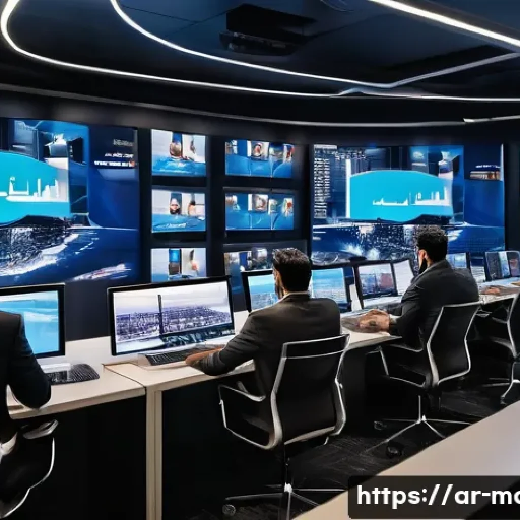 미디어기술사와 기술 정책 분석 - A modern digital newsroom in a Middle Eastern city, featuring diverse Arab journalists actively enga...