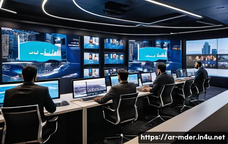미디어기술사와 기술 정책 분석 - A modern digital newsroom in a Middle Eastern city, featuring diverse Arab journalists actively enga...