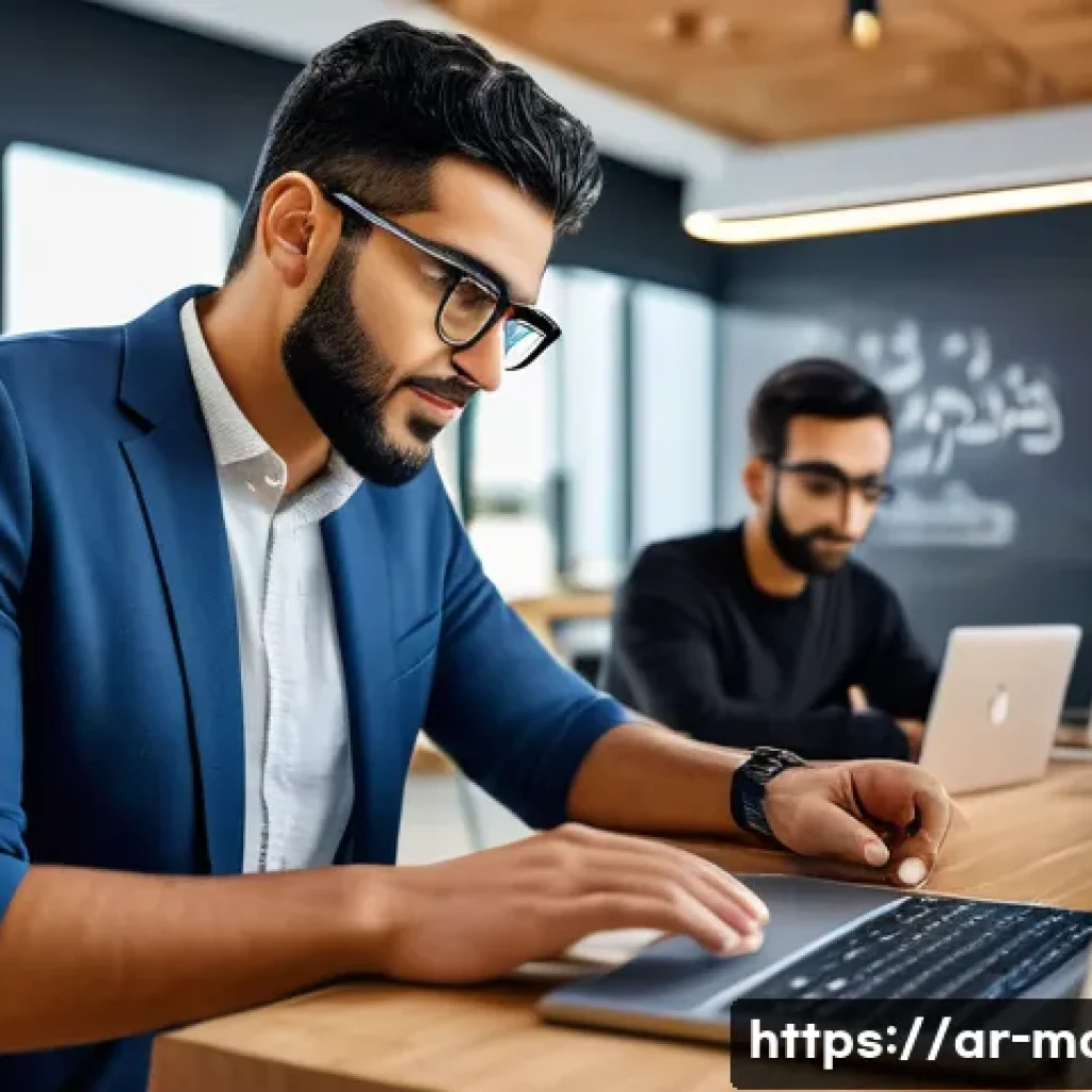 미디어기술사와 기술 창업 - A modern Arab entrepreneur in a sleek tech startup office, wearing smart casual clothes and eyeglass...