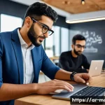 Home 22 미디어기술사와 기술 창업 - A modern Arab entrepreneur in a sleek tech startup office, wearing smart casual clothes and eyeglass...