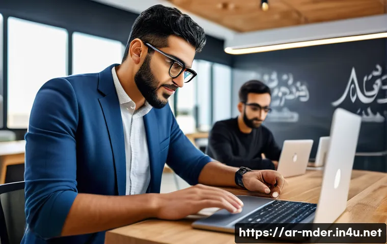 미디어기술사와 기술 창업 - A modern Arab entrepreneur in a sleek tech startup office, wearing smart casual clothes and eyeglass...