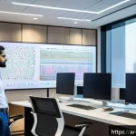 Home 21 미디어기술사와 데이터 관리 시스템 - A modern digital media analytics workspace in a Middle Eastern corporate office, showing diverse pro...