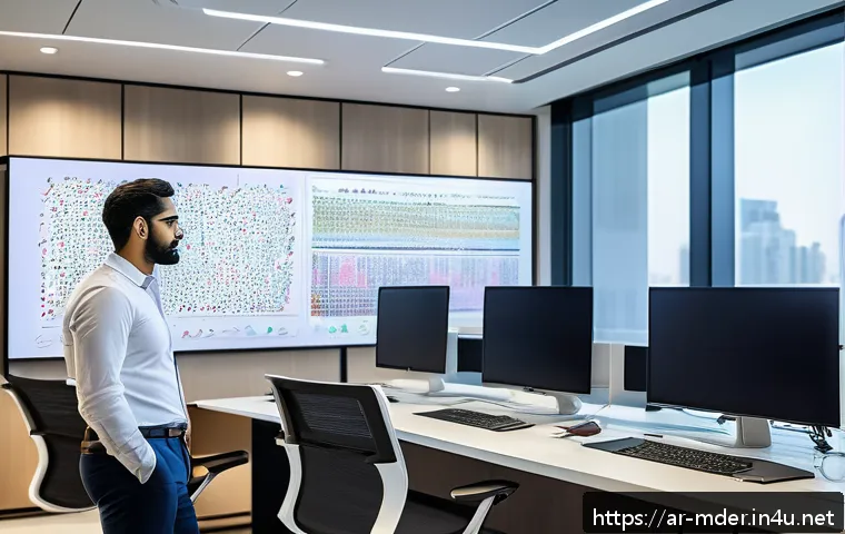 미디어기술사와 데이터 관리 시스템 - A modern digital media analytics workspace in a Middle Eastern corporate office, showing diverse pro...