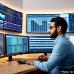 Home 20 미디어기술사 커리어 패스 - A modern digital media workspace featuring an Arab professional in casual smart attire, seated at a ...