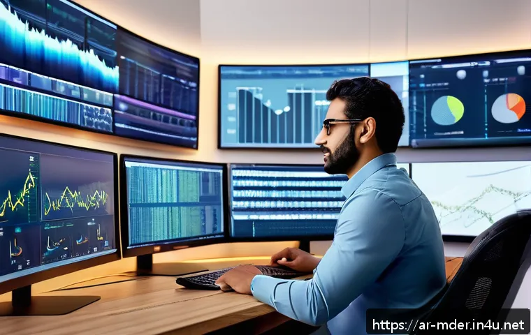 미디어기술사 커리어 패스 - A modern digital media workspace featuring an Arab professional in casual smart attire, seated at a ...