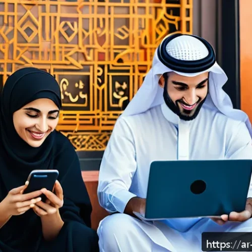 Home 31 미디어기술사와 데이터 시각화 - A vibrant digital social media community scene set in a modern Middle Eastern cityscape at dusk, sho...