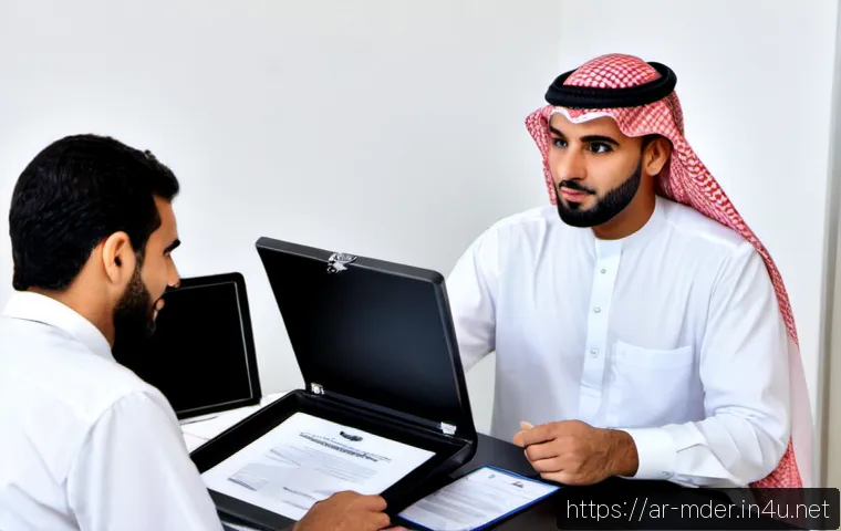 미디어기술사 시험 응시 자격 - Photorealistic modern career consultation scene in a Gulf Arab city, a young Arab media technician i...