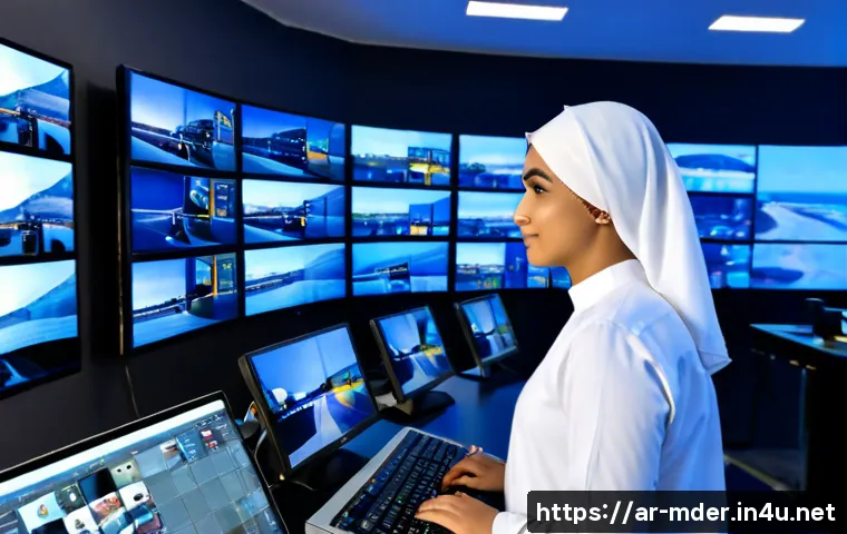 미디어기술사와 IoT 기술 - Photorealistic modern media production studio in a Gulf Arab city, an Arab female media technician w...